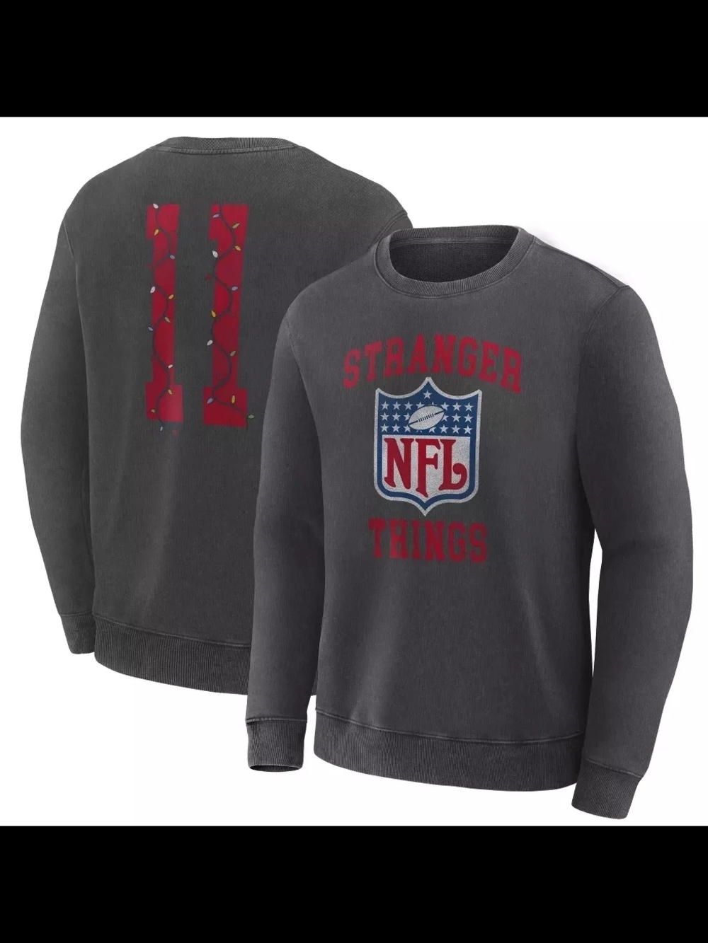 NFL Stranger Things Charcoal Gray Crewneck Sweatshirt with Red NFL Logo